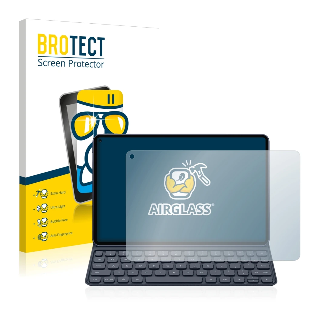 Face avant d’un emballage produit avec le logo de la marque BROTECT. À côté, l’appareil Huawei MatePad Pro (2019) est représen