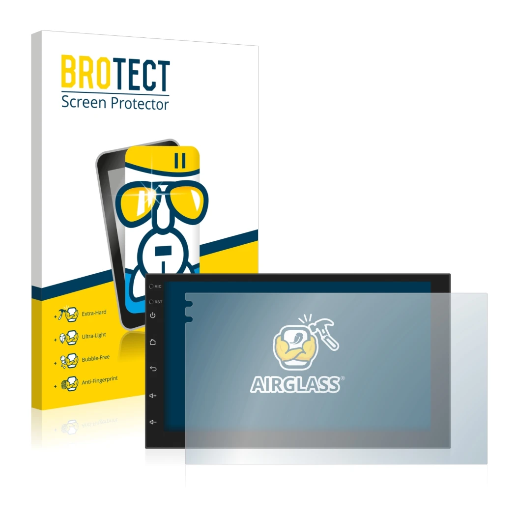Face avant d’un emballage produit avec le logo de la marque BROTECT. À côté, l’appareil Phonocar MediaStation 2Din est représe