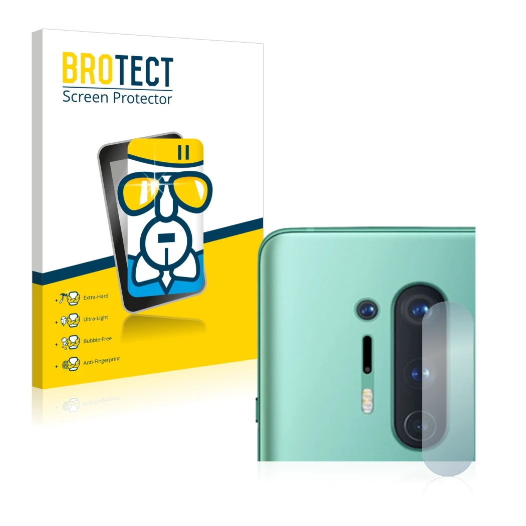 Face avant d’un emballage produit avec le logo de la marque BROTECT. À côté, l’appareil OnePlus 8 Pro (Caméra UNIQUEMENT) est 