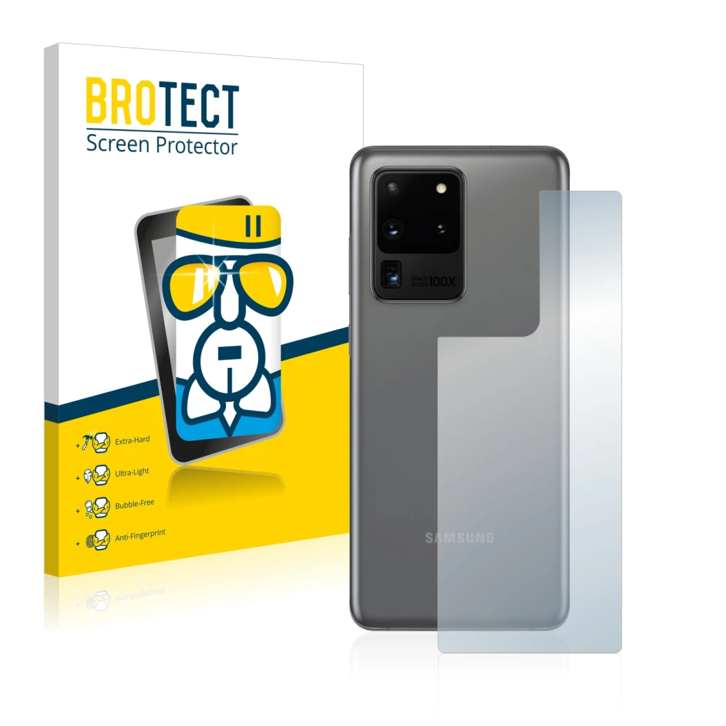 Face avant d’un emballage produit avec le logo de la marque BROTECT. À côté, l’appareil Samsung Galaxy S20 Ultra (Arrière) est
