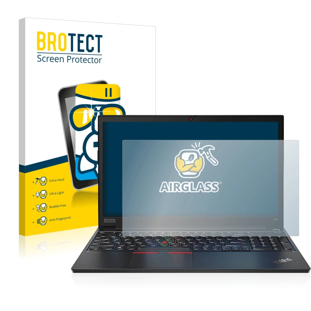 Face avant d’un emballage produit avec le logo de la marque BROTECT. À côté, l’appareil Lenovo ThinkPad E14 Gen 2 est représen