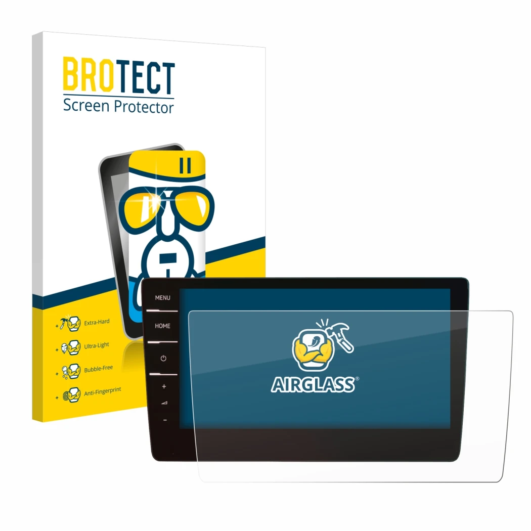 Face avant d’un emballage produit avec le logo de la marque BROTECT. À côté, l’appareil Volkswagen Arteon 2019 Discover Pro 9.