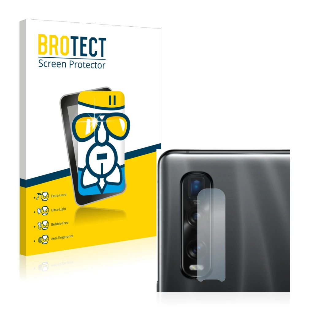 Face avant d’un emballage produit avec le logo de la marque BROTECT. À côté, l’appareil Oppo Find X2 Pro (Caméra UNIQUEMENT) e