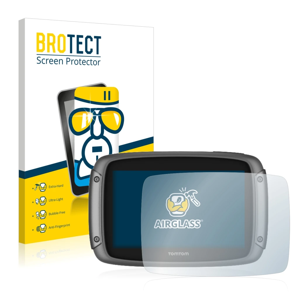 Face avant d’un emballage produit avec le logo de la marque BROTECT. À côté, l’appareil TomTom Rider 50 est représenté avec la