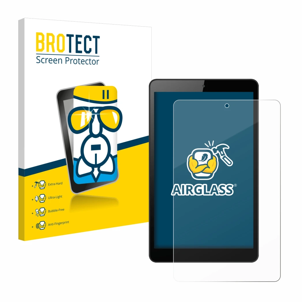 Face avant d’un emballage produit avec le logo de la marque BROTECT. À côté, l’appareil Huawei MediaPad M5 Lite 8