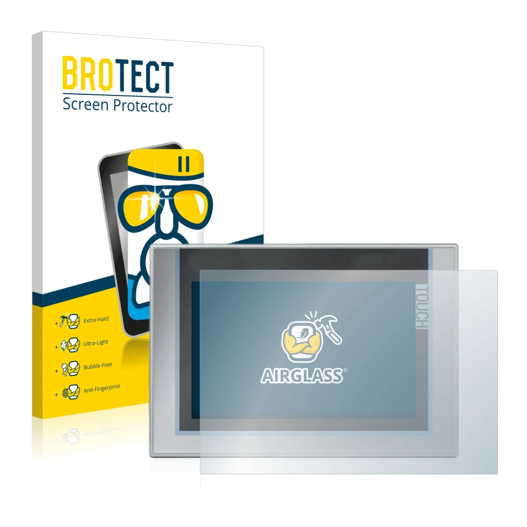 Face avant d’un emballage produit avec le logo de la marque BROTECT. À côté, l’appareil Siemens Simatic TP1200 Comfort est rep