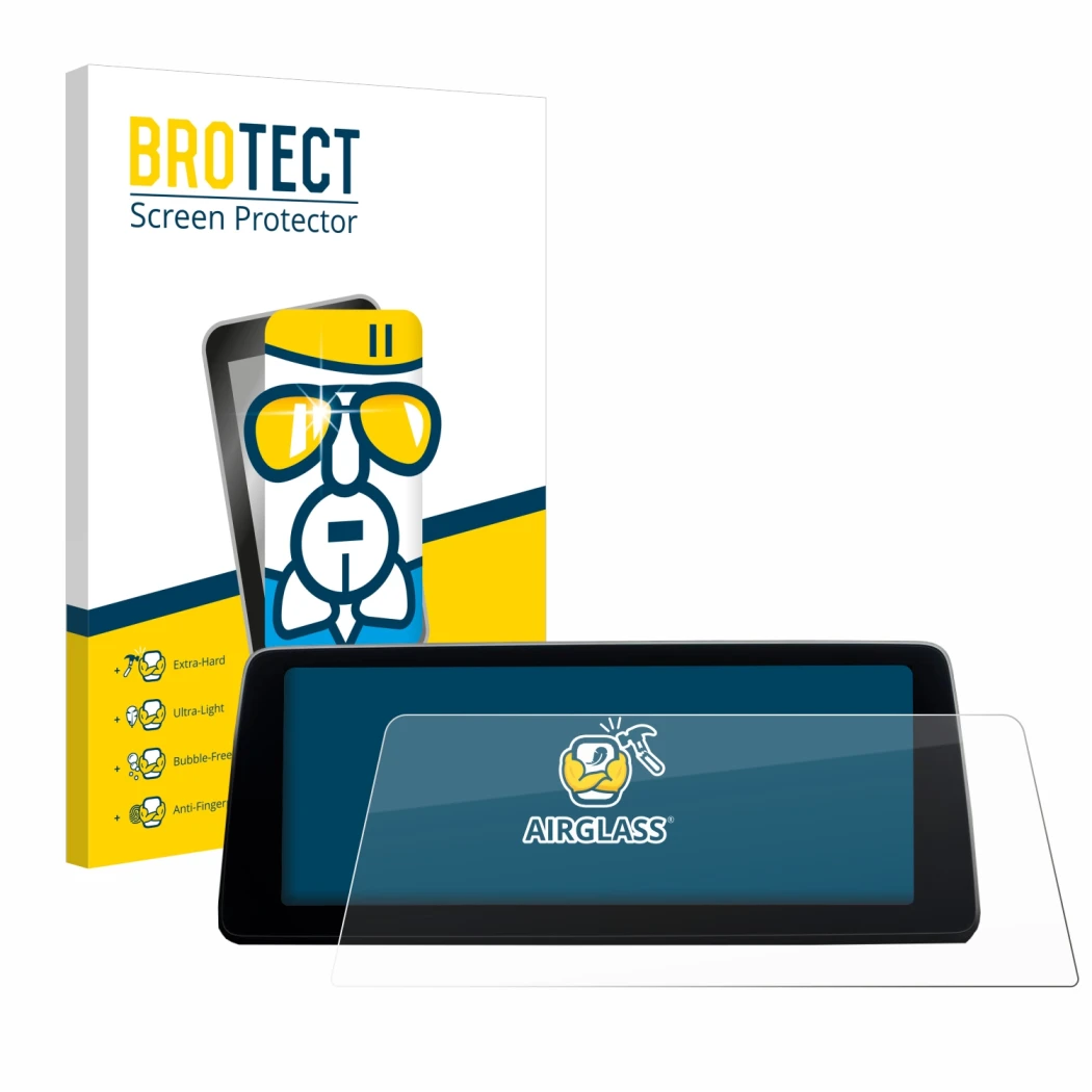 Face avant d’un emballage produit avec le logo de la marque BROTECT. À côté, l’appareil BMW 7 G11 2016-2018 Infotainment Syste