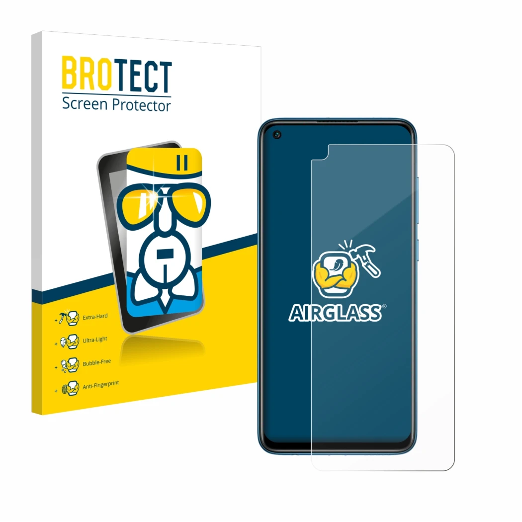 Face avant d’un emballage produit avec le logo de la marque BROTECT. À côté, l’appareil Xiaomi Redmi Note 9 est représenté ave