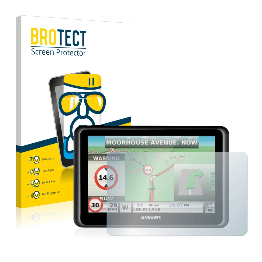 Face avant d’un emballage produit avec le logo de la marque BROTECT. À côté, l’appareil Snooper Truckmate S6900 est représenté