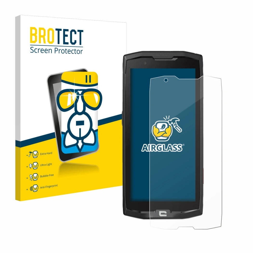 Face avant d’un emballage produit avec le logo de la marque BROTECT. À côté, l’appareil Crosscall Core X4 est représenté avec 