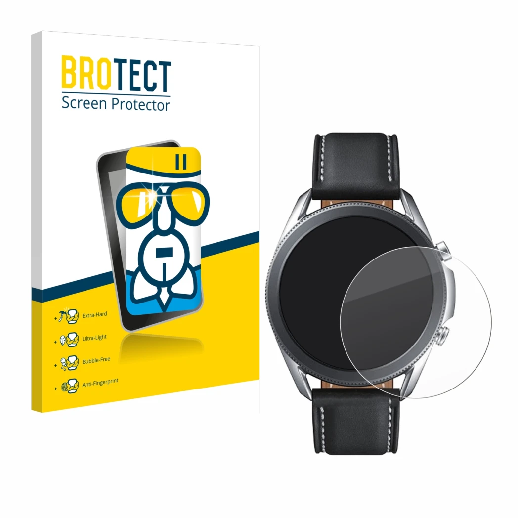 Face avant d’un emballage produit avec le logo de la marque BROTECT. À côté, l’appareil Samsung Galaxy Watch 3 (45mm) est repr