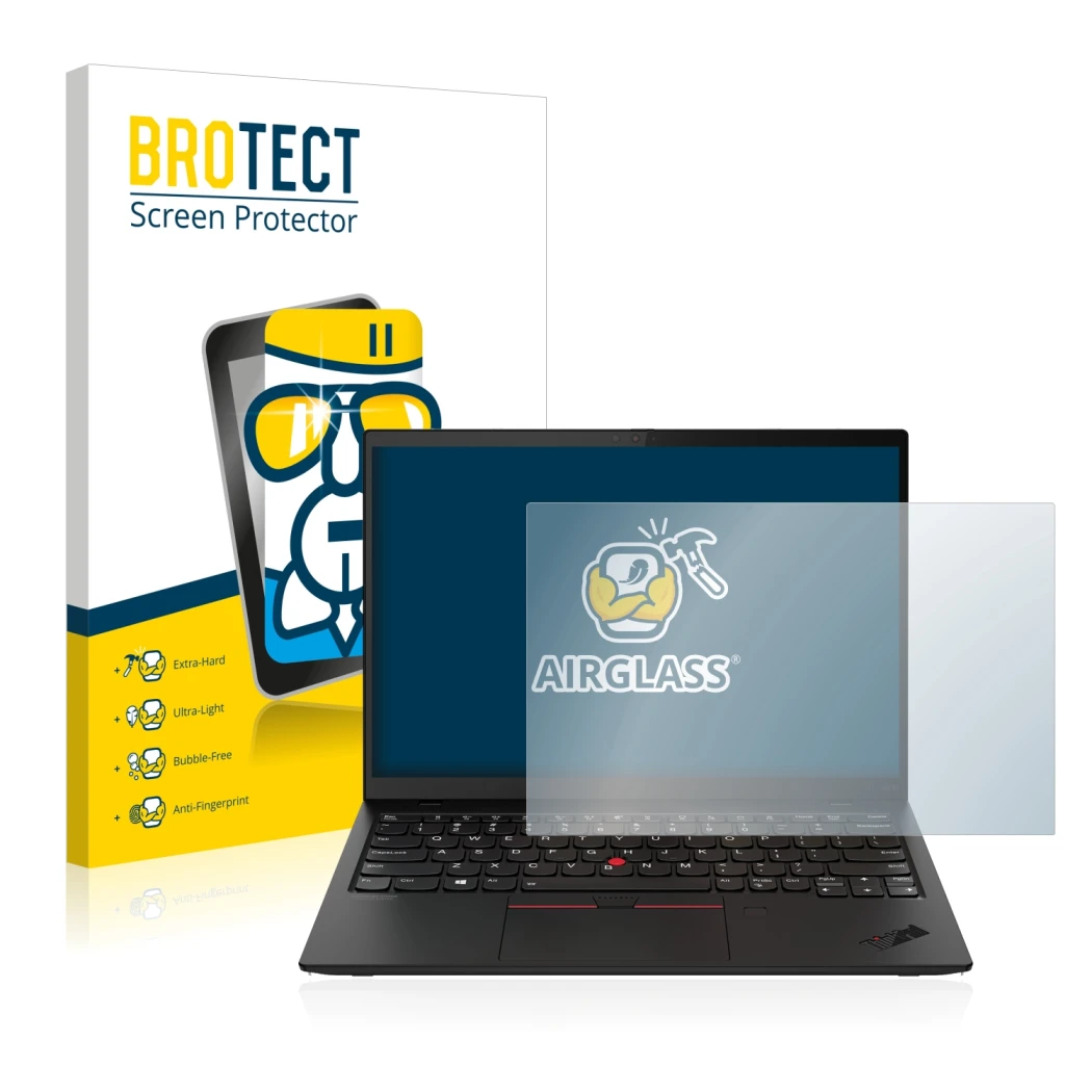 Face avant d’un emballage produit avec le logo de la marque BROTECT. À côté, l’appareil Lenovo ThinkPad X1 Nano est représenté