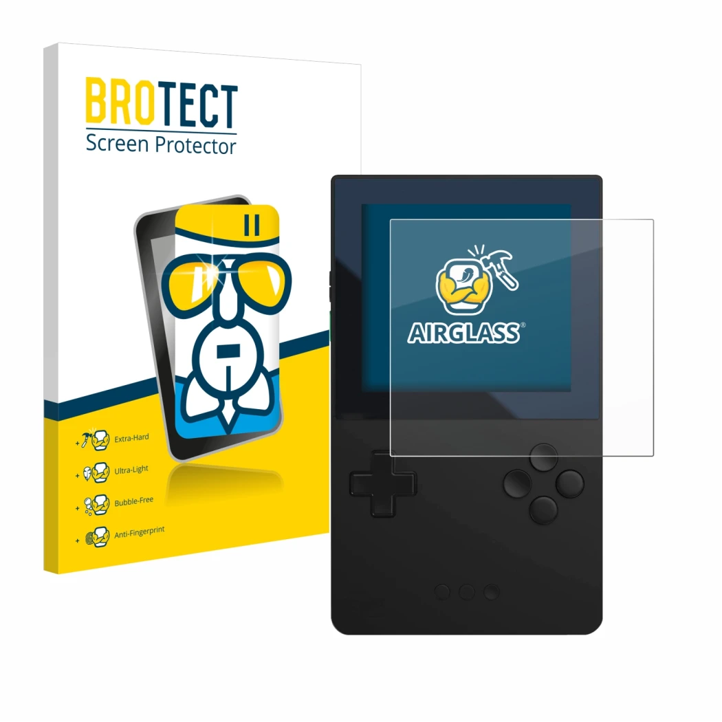 Face avant d’un emballage produit avec le logo de la marque BROTECT. À côté, l’appareil Analogue Pocket est représenté avec la