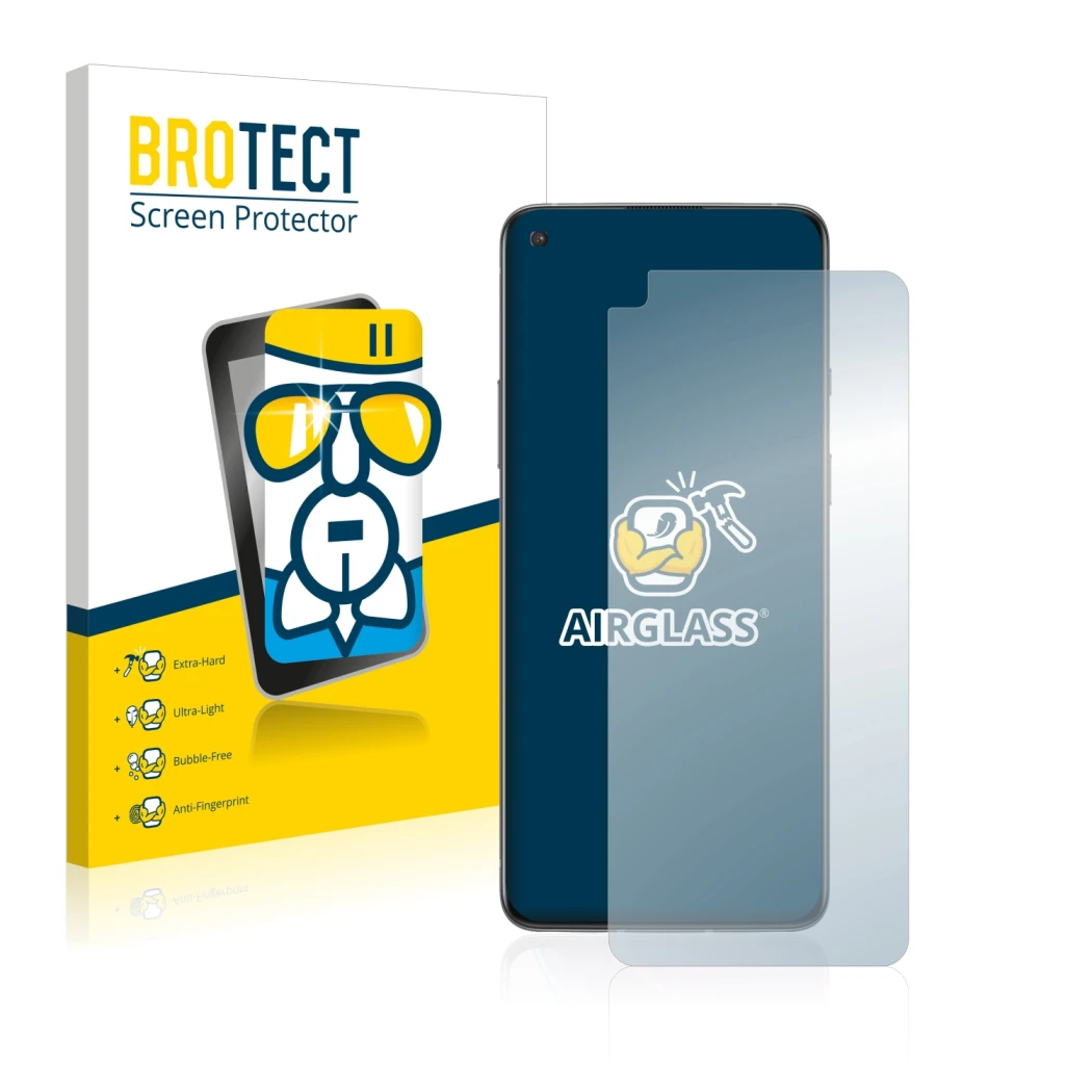 Face avant d’un emballage produit avec le logo de la marque BROTECT. À côté, l’appareil OnePlus 8T est représenté avec la prot