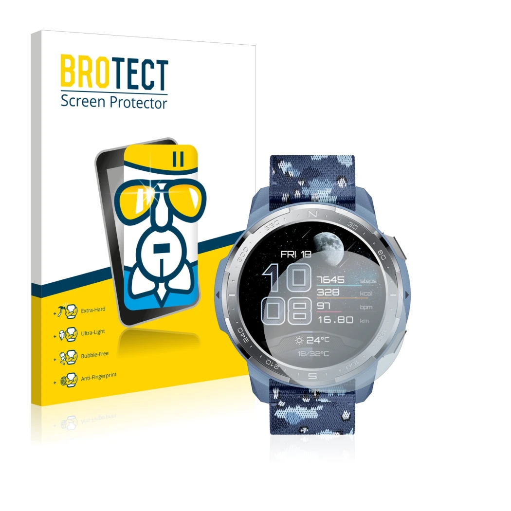 Face avant d’un emballage produit avec le logo de la marque BROTECT. À côté, l’appareil Honor Watch GS Pro est représenté avec