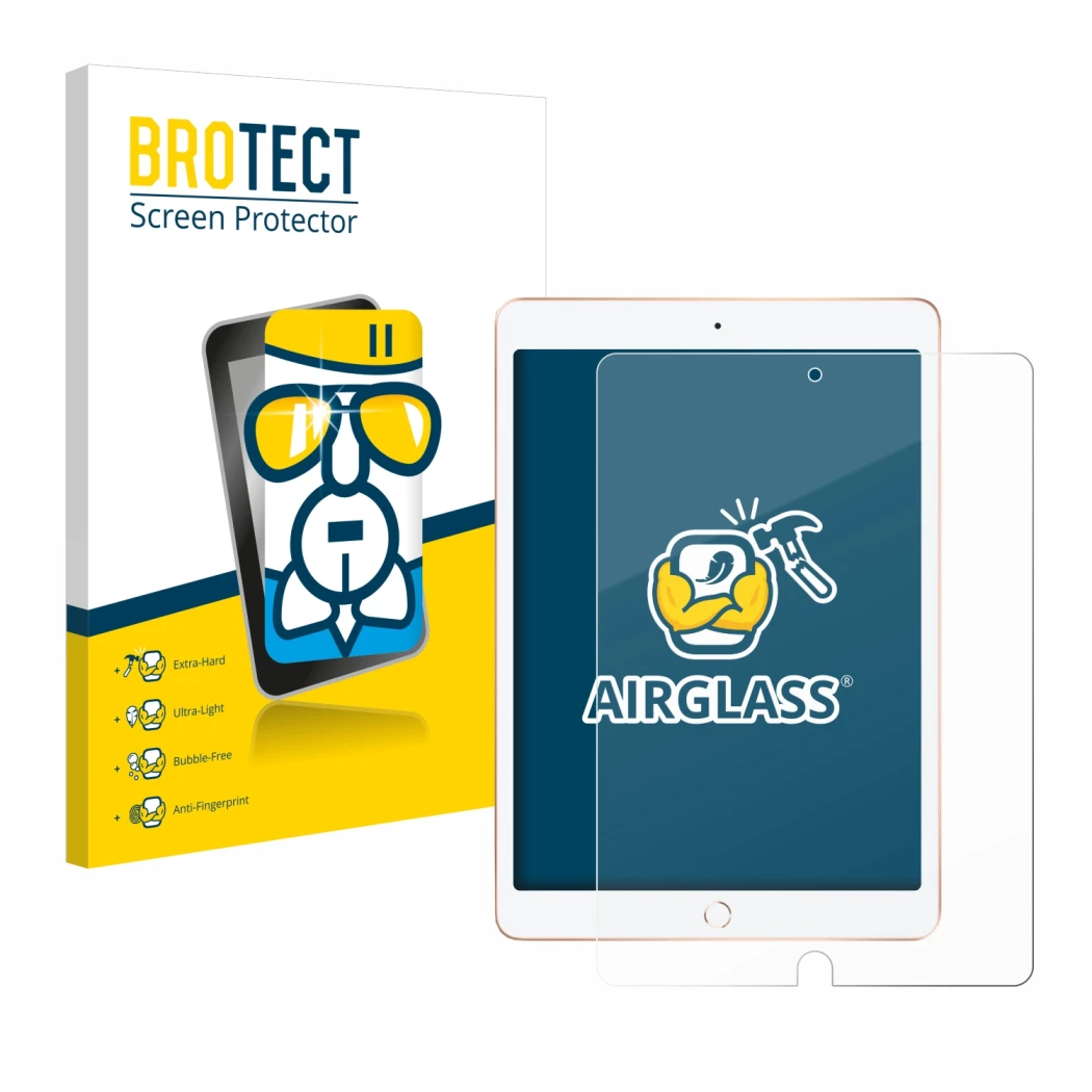 Face avant d’un emballage produit avec le logo de la marque BROTECT. À côté, l’appareil Apple iPad 10.2