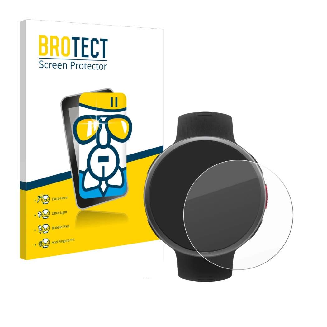 Face avant d’un emballage produit avec le logo de la marque BROTECT. À côté, l’appareil Polar Vantage V2 est représenté avec l