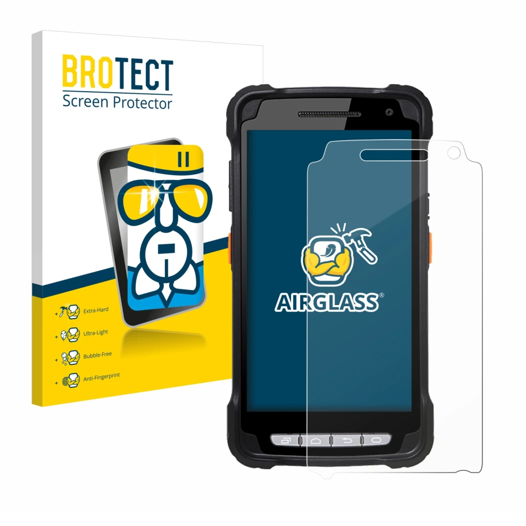 Face avant d’un emballage produit avec le logo de la marque BROTECT. À côté, l’appareil Point Mobile PM90 est représenté avec 