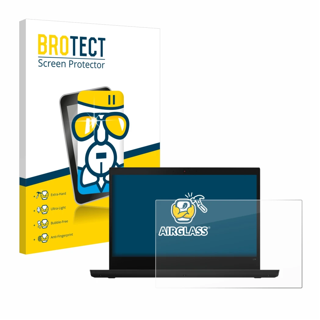 Face avant d’un emballage produit avec le logo de la marque BROTECT. À côté, l’appareil Lenovo ThinkPad L14 est représenté ave