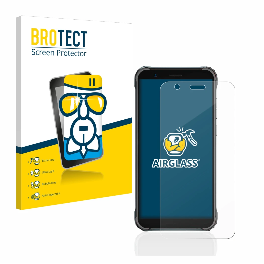 Face avant d’un emballage produit avec le logo de la marque BROTECT. À côté, l’appareil Blackview BV4900 Pro est représenté av