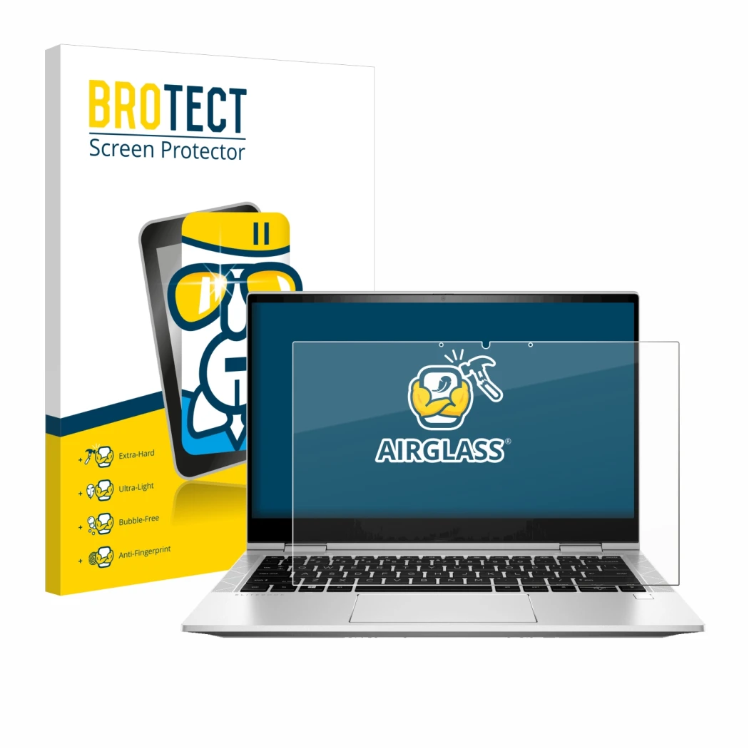 Face avant d’un emballage produit avec le logo de la marque BROTECT. À côté, l’appareil HP EliteBook x360 830 G8 est représent