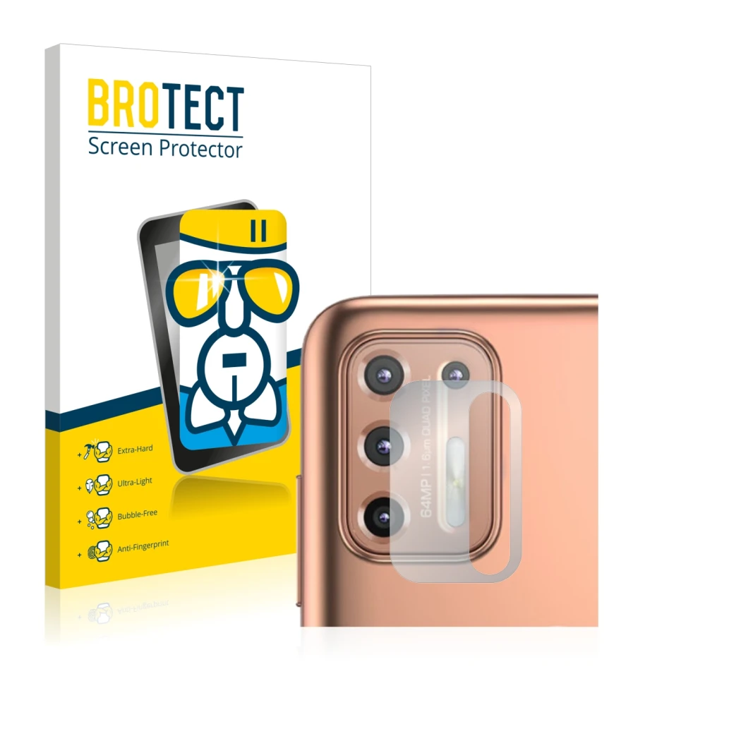 Face avant d’un emballage produit avec le logo de la marque BROTECT. À côté, l’appareil Motorola Moto G9 Plus (Caméra UNIQUEME