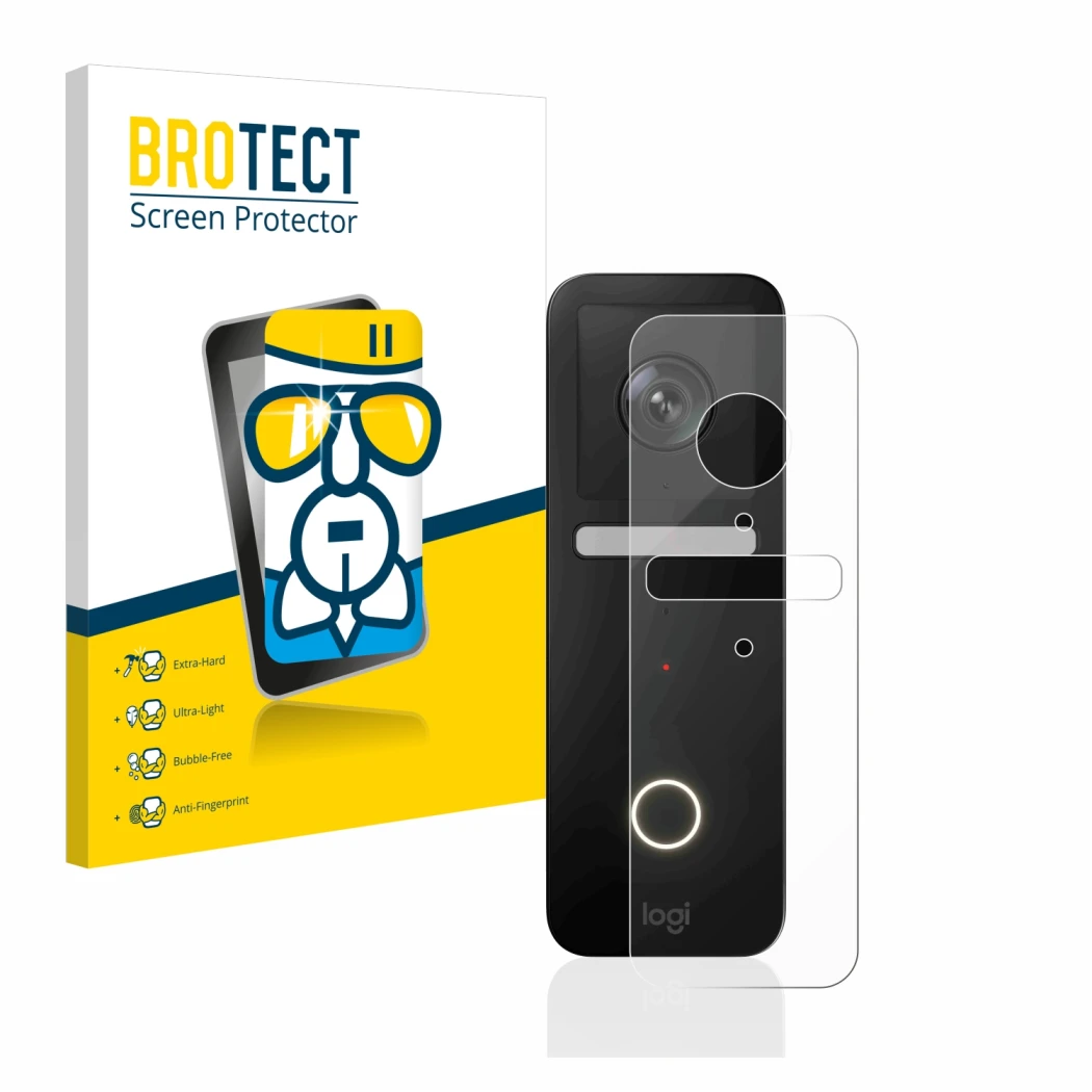 Face avant d’un emballage produit avec le logo de la marque BROTECT. À côté, l’appareil Logitech Circle View Doorbell est repr