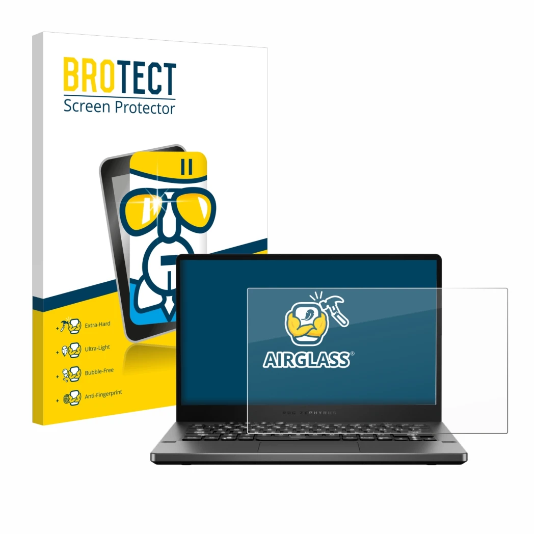 Face avant d’un emballage produit avec le logo de la marque BROTECT. À côté, l’appareil ASUS ROG Zephyrus G14 GA401 est représ