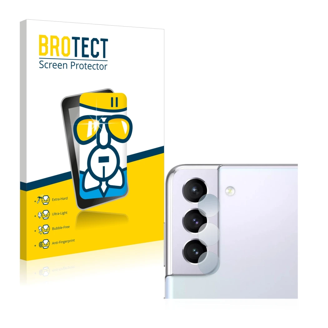 Face avant d’un emballage produit avec le logo de la marque BROTECT. À côté, l’appareil Samsung Galaxy S21 5G (Caméra UNIQUEME