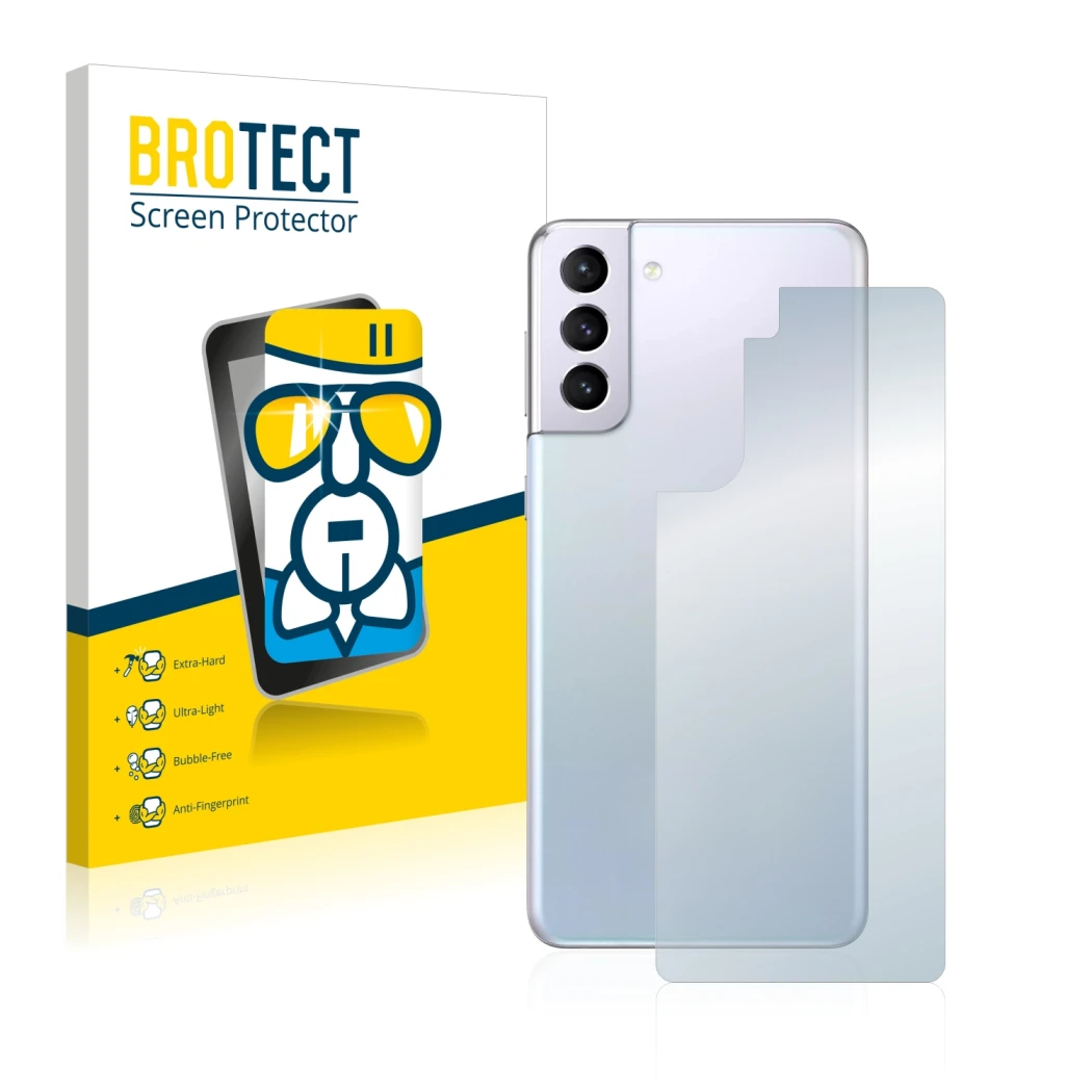 Face avant d’un emballage produit avec le logo de la marque BROTECT. À côté, l’appareil Samsung Galaxy S21 5G (Arrière) est re