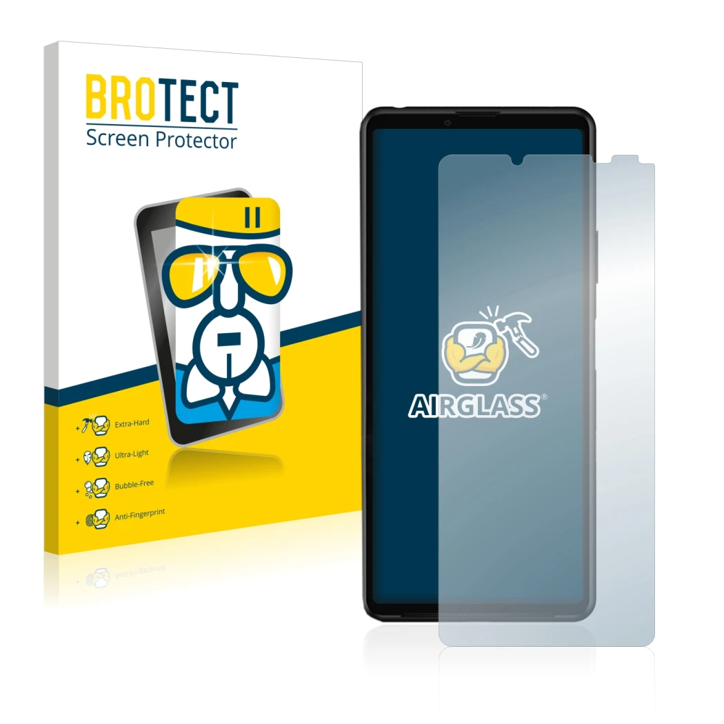 Face avant d’un emballage produit avec le logo de la marque BROTECT. À côté, l’appareil Sony Xperia 10 III est représenté avec