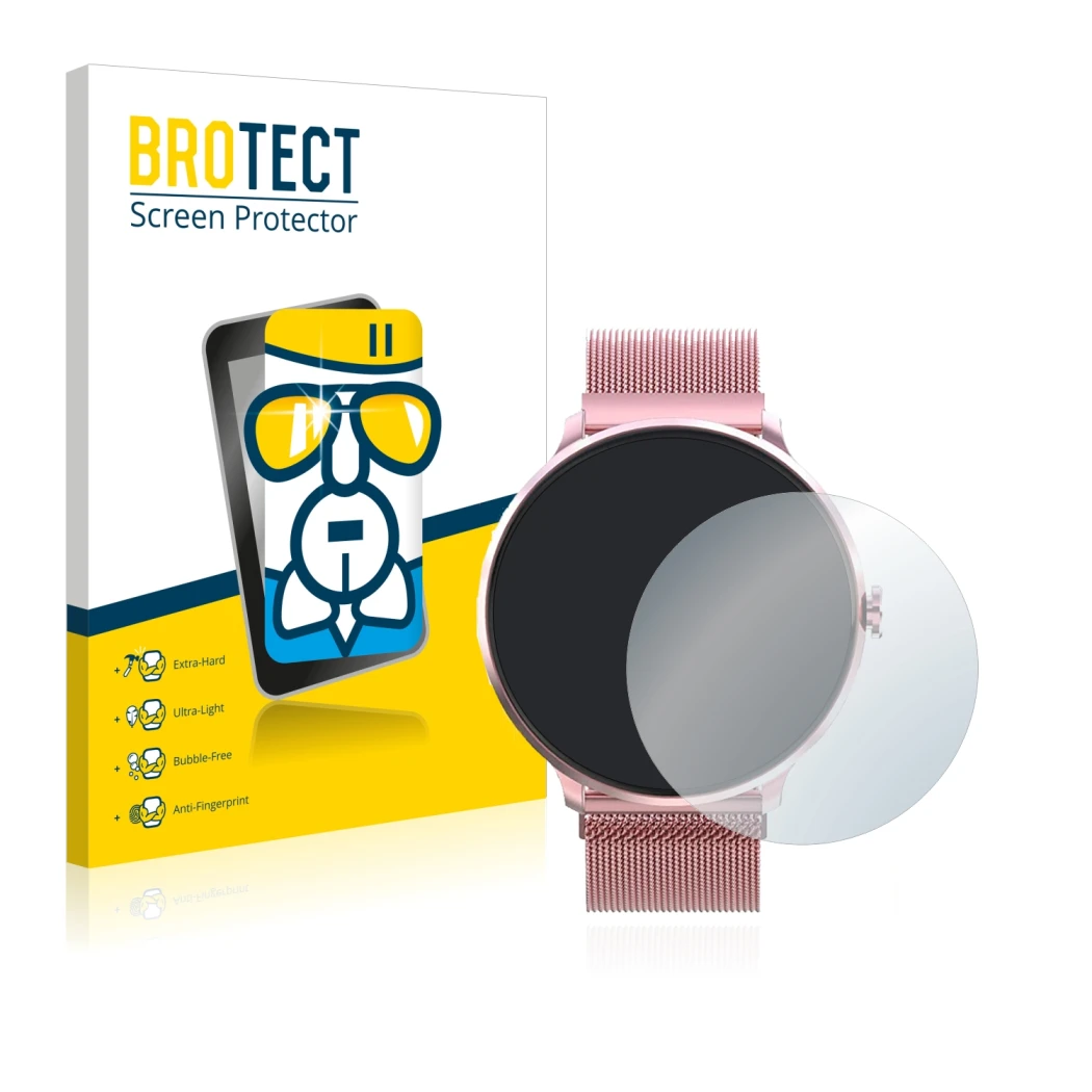 Face avant d’un emballage produit avec le logo de la marque BROTECT. À côté, l’appareil Bebinca Smartwatch est représenté avec