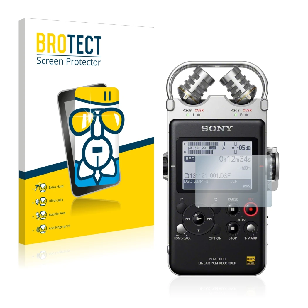 Face avant d’un emballage produit avec le logo de la marque BROTECT. À côté, l’appareil Sony PCM D100 est représenté avec la p