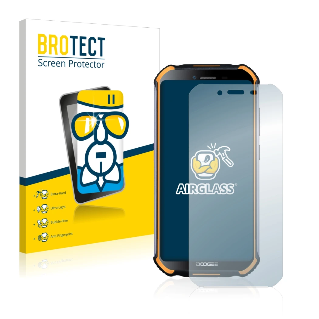 Face avant d’un emballage produit avec le logo de la marque BROTECT. À côté, l’appareil Doogee S40 Pro est représenté avec la 