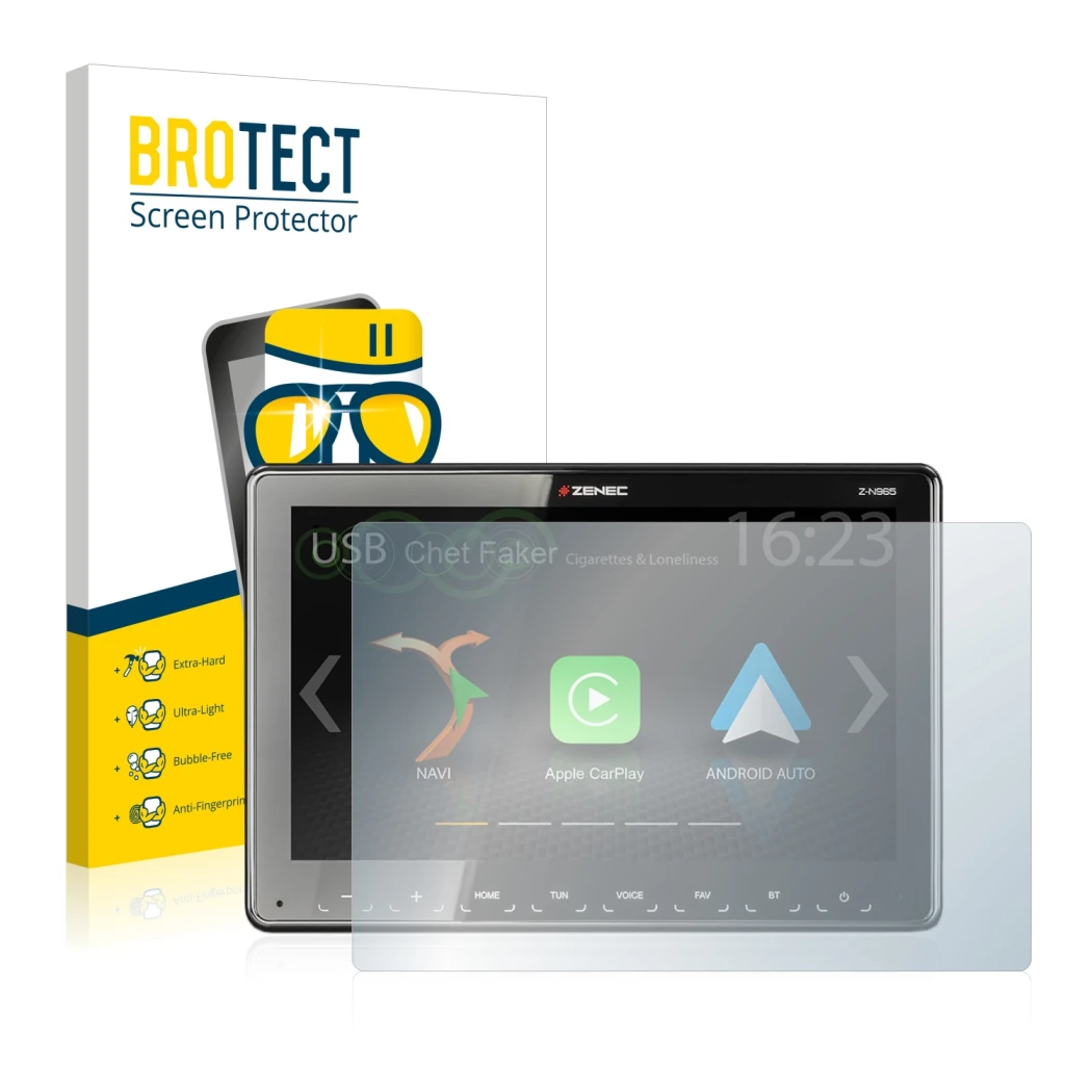 Face avant d’un emballage produit avec le logo de la marque BROTECT. À côté, l’appareil Zenec Z-N965 est représenté avec la pr