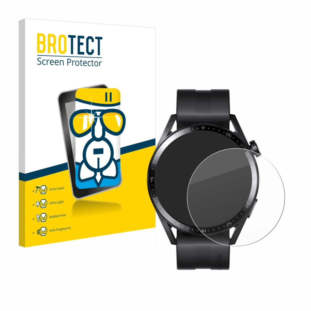 Face avant d’un emballage produit avec le logo de la marque BROTECT. À côté, l’appareil Huawei Watch GT 3 (46 mm) est représen