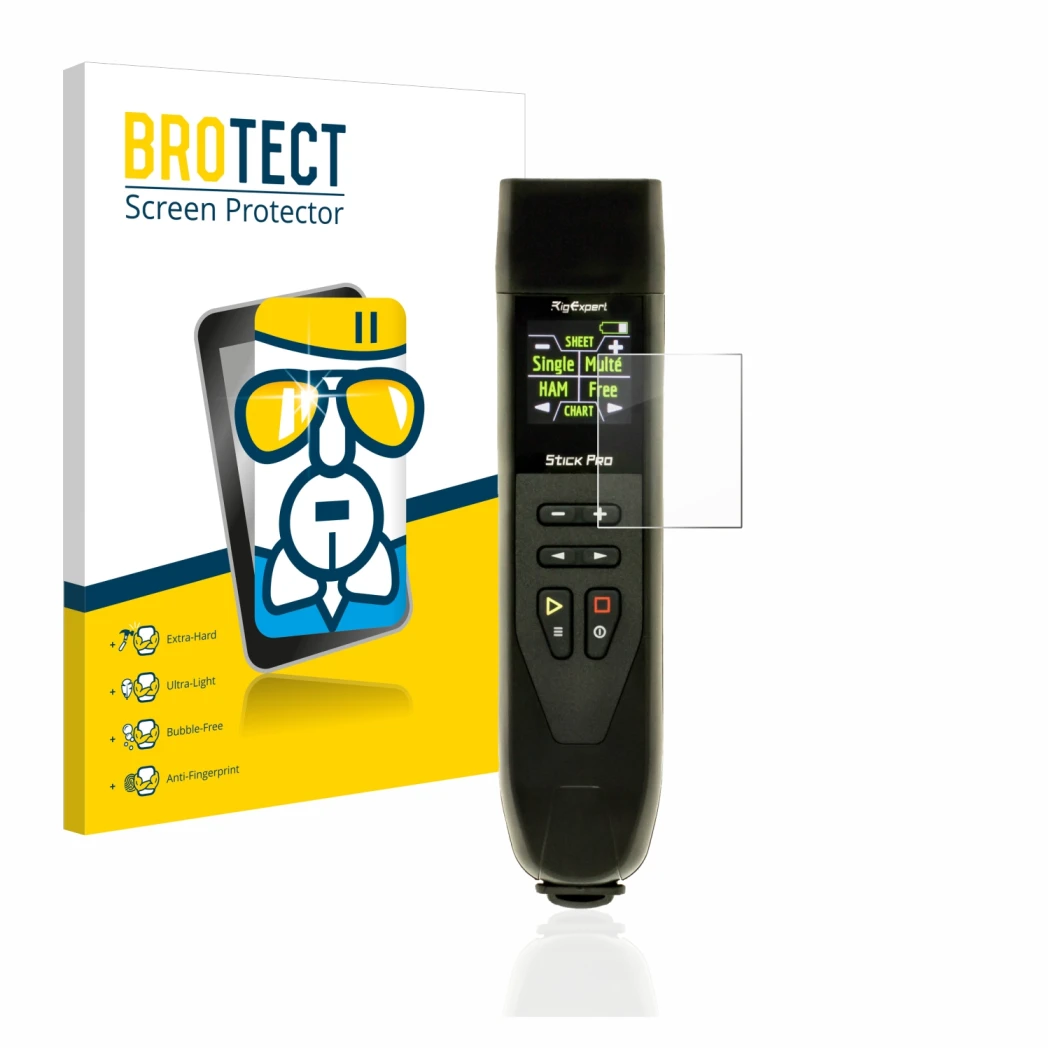 Face avant d’un emballage produit avec le logo de la marque BROTECT. À côté, l’appareil RigExpert Stick Pro est représenté ave