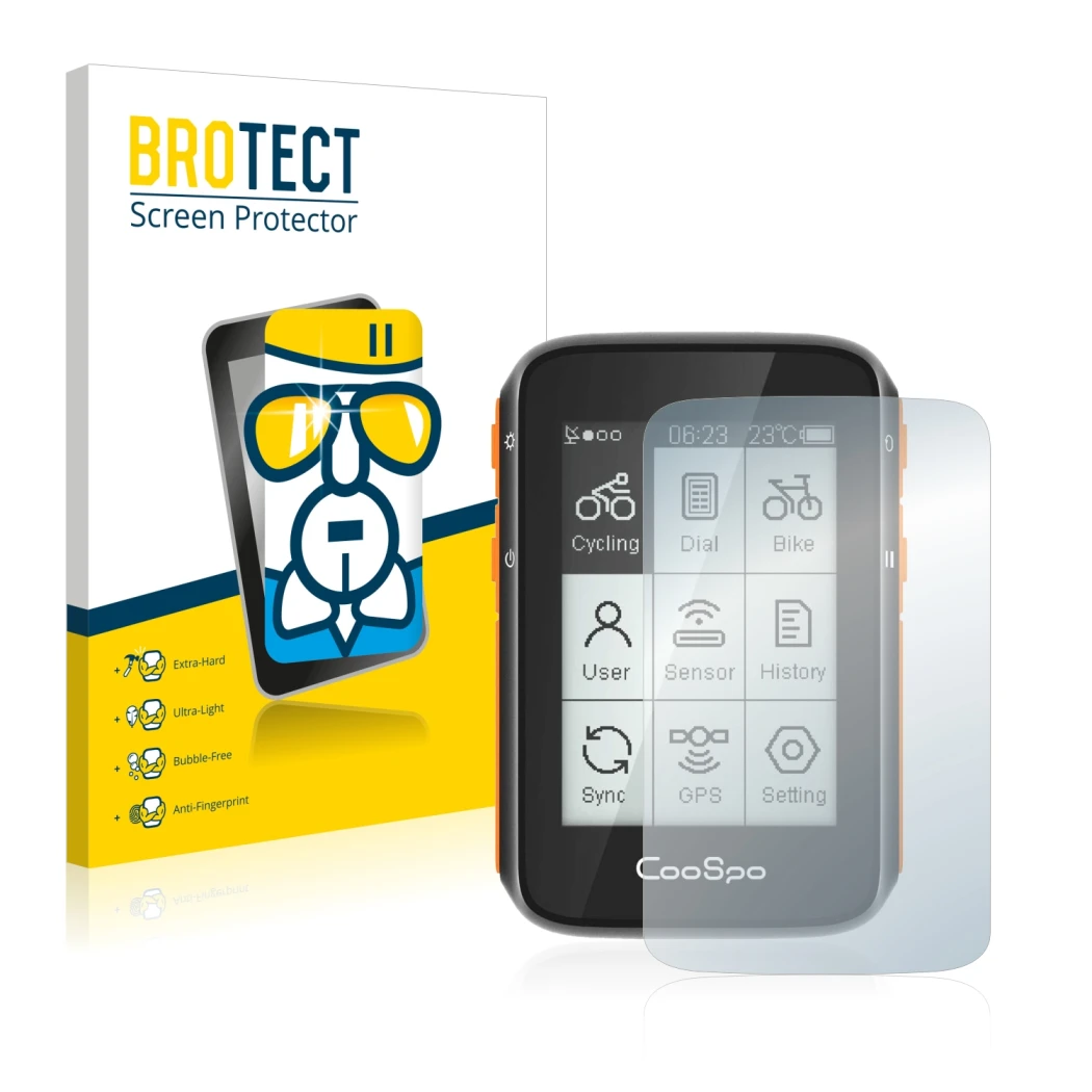 Face avant d’un emballage produit avec le logo de la marque BROTECT. À côté, l’appareil CooSpo BC200 est représenté avec la pr