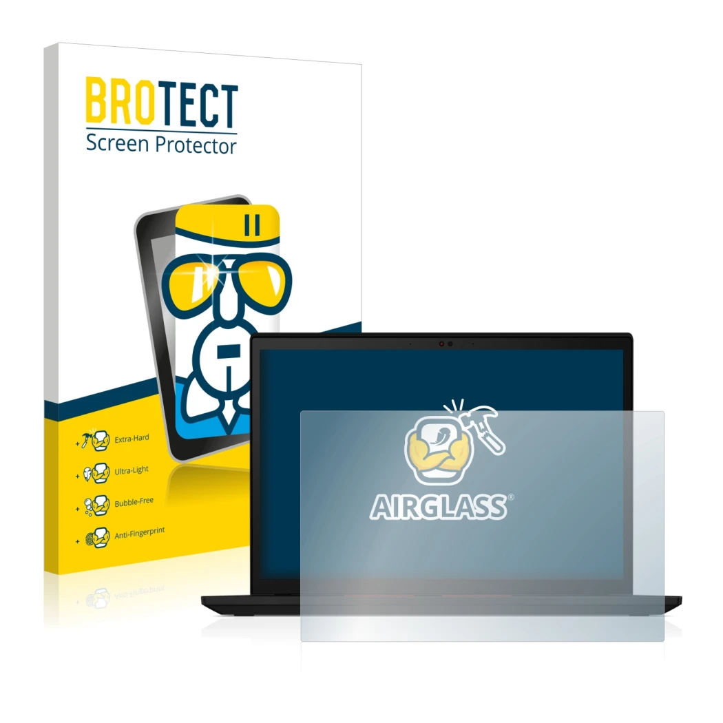 Face avant d’un emballage produit avec le logo de la marque BROTECT. À côté, l’appareil Lenovo ThinkPad X13 Gen 2 est représen