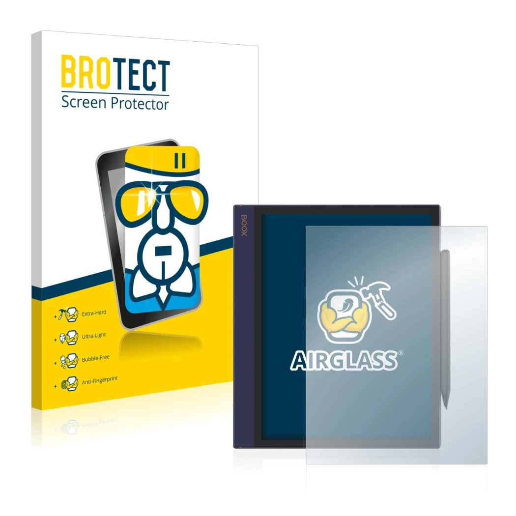 Face avant d’un emballage produit avec le logo de la marque BROTECT. À côté, l’appareil Boox Note Air est représenté avec la p