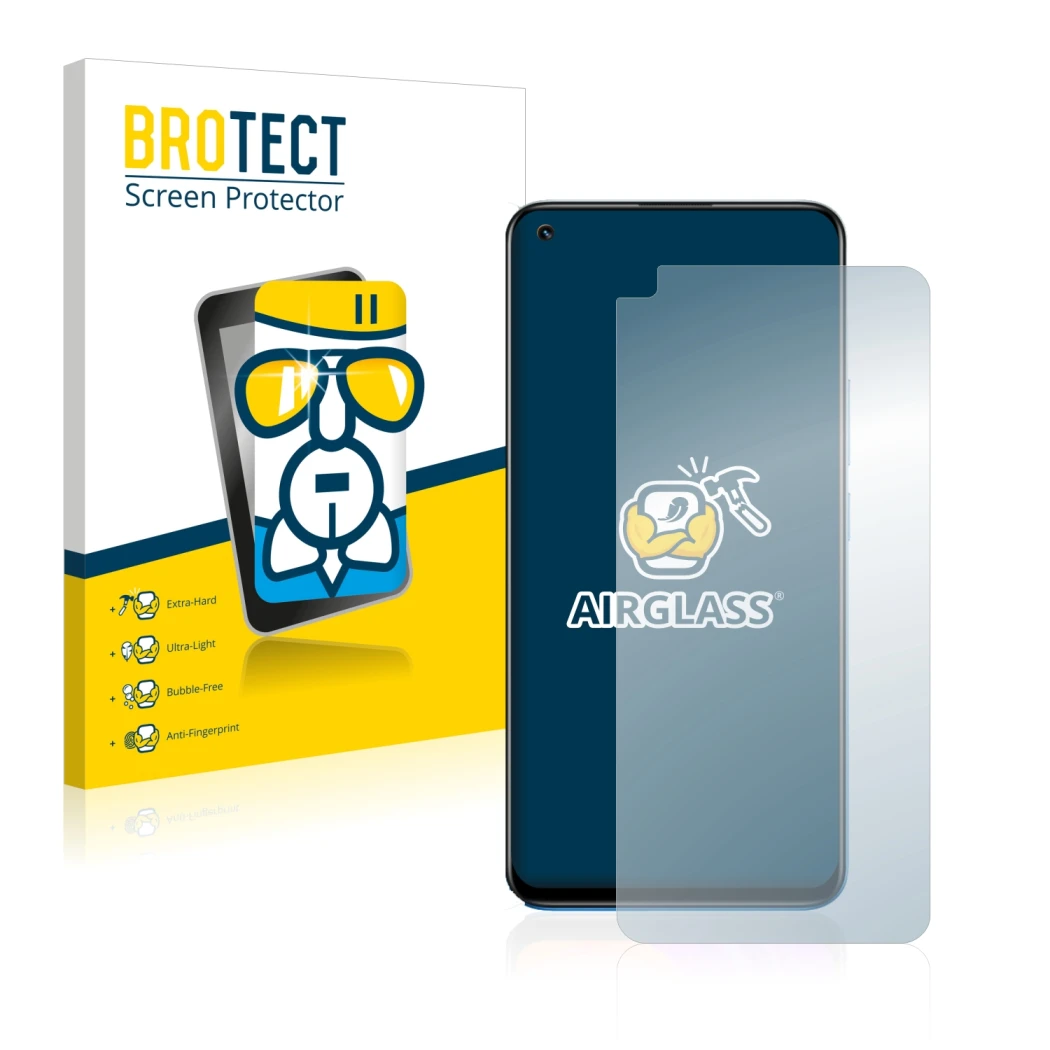 Face avant d’un emballage produit avec le logo de la marque BROTECT. À côté, l’appareil realme 8 est représenté avec la protec