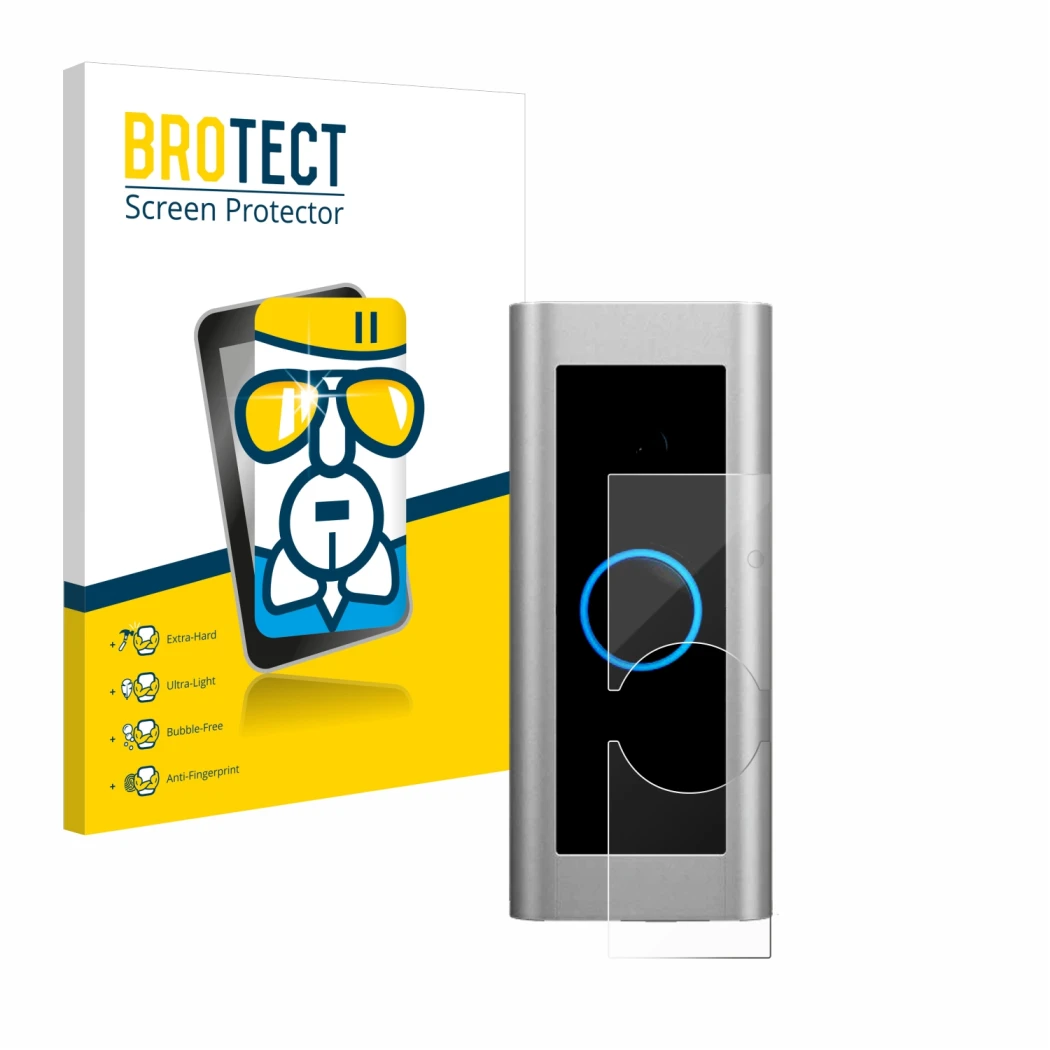 Face avant d’un emballage produit avec le logo de la marque BROTECT. À côté, l’appareil Ring Video Doorbell Pro 2 est représen
