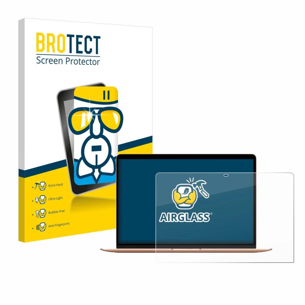 Face avant d’un emballage produit avec le logo de la marque BROTECT. À côté, l’appareil Apple MacBook Air M1 2020 est représen