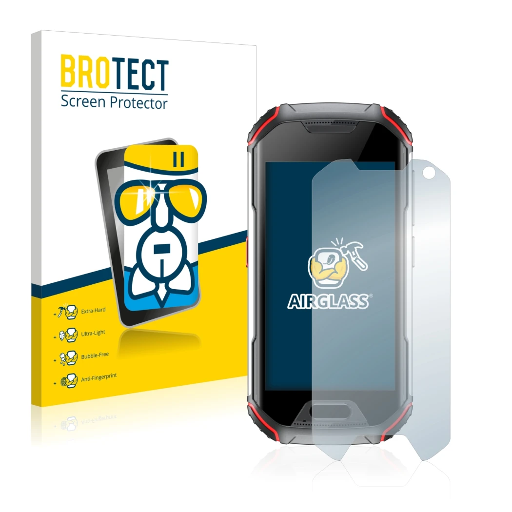 Face avant d’un emballage produit avec le logo de la marque BROTECT. À côté, l’appareil Unihertz Atom XL est représenté avec l
