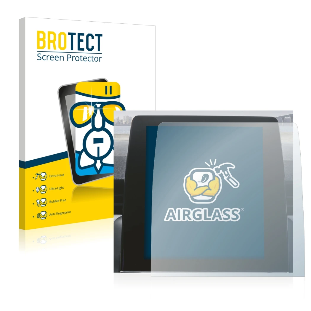 Face avant d’un emballage produit avec le logo de la marque BROTECT. À côté, l’appareil Renault Zoe 2020 Easy Link 9.3