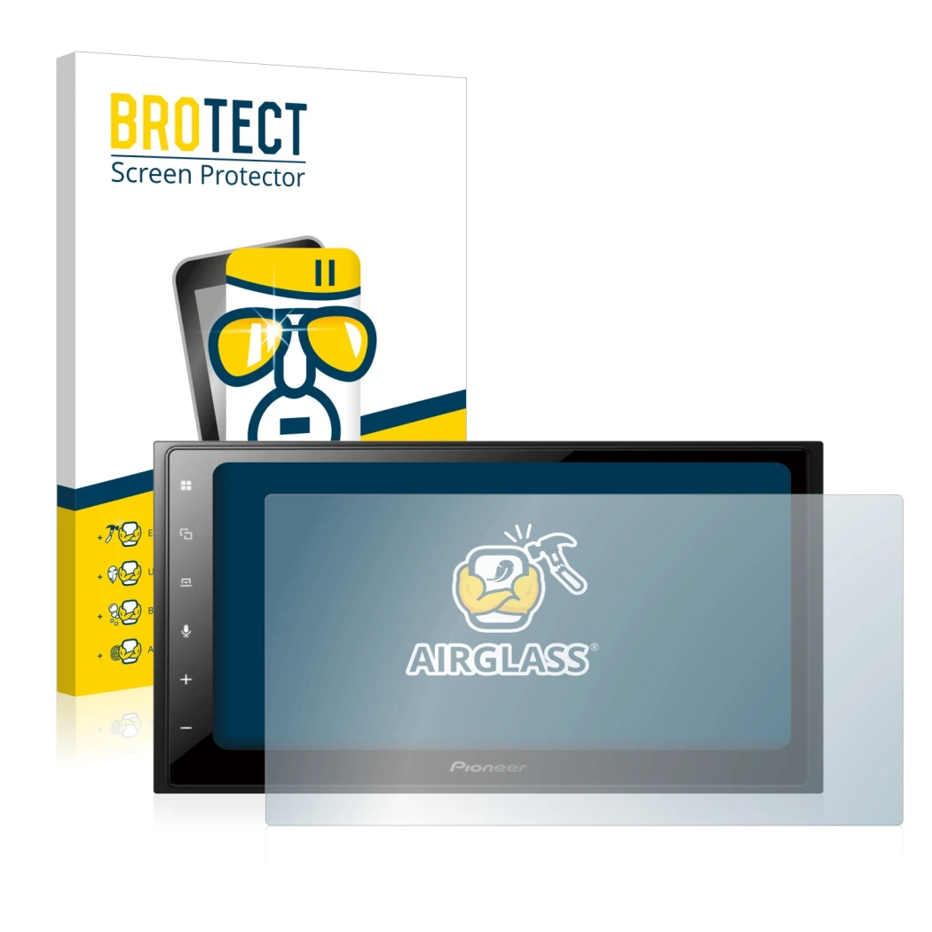 Face avant d’un emballage produit avec le logo de la marque BROTECT. À côté, l’appareil Pioneer SPH-DA250DAB est représenté av