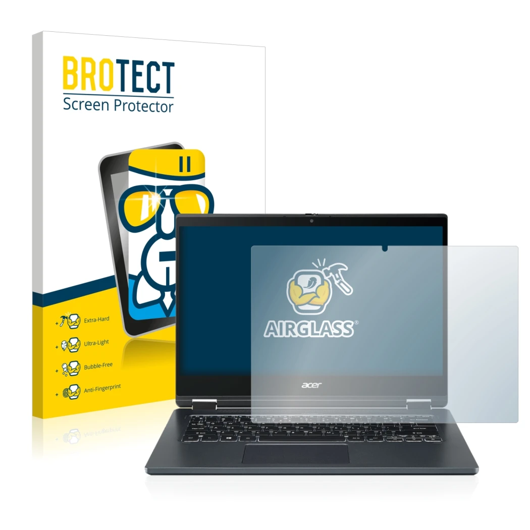 Face avant d’un emballage produit avec le logo de la marque BROTECT. À côté, l’appareil Acer TravelMate Spin P4 14