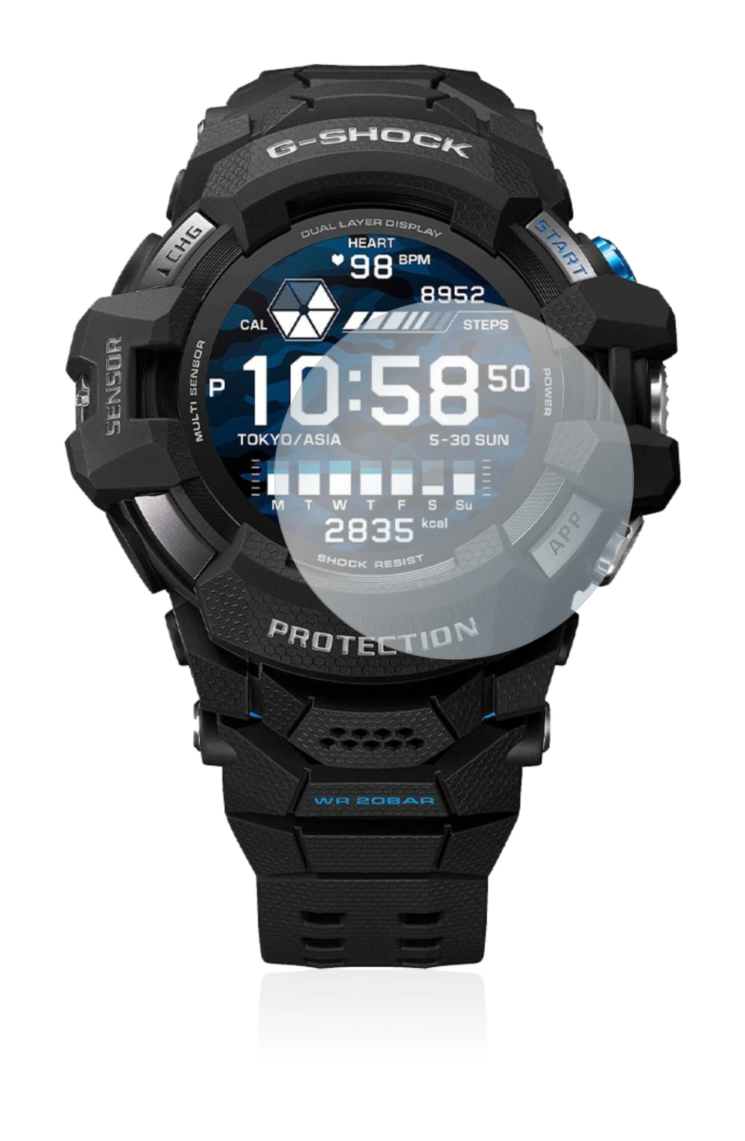 Image de l'appareil Casio G-Shock GSW-H1000 avec une grande variété de protections d'écran.