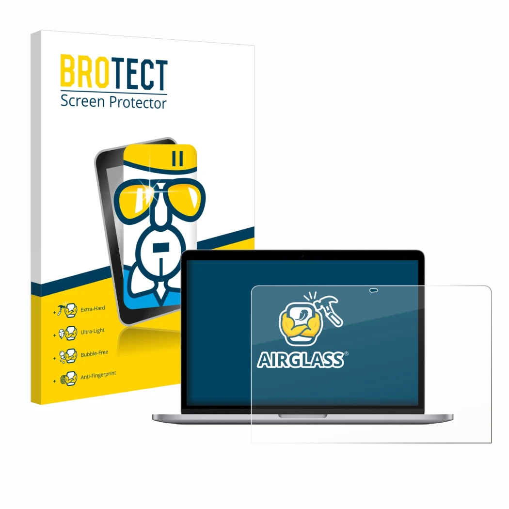 Face avant d’un emballage produit avec le logo de la marque BROTECT. À côté, l’appareil Apple MacBook Pro 13