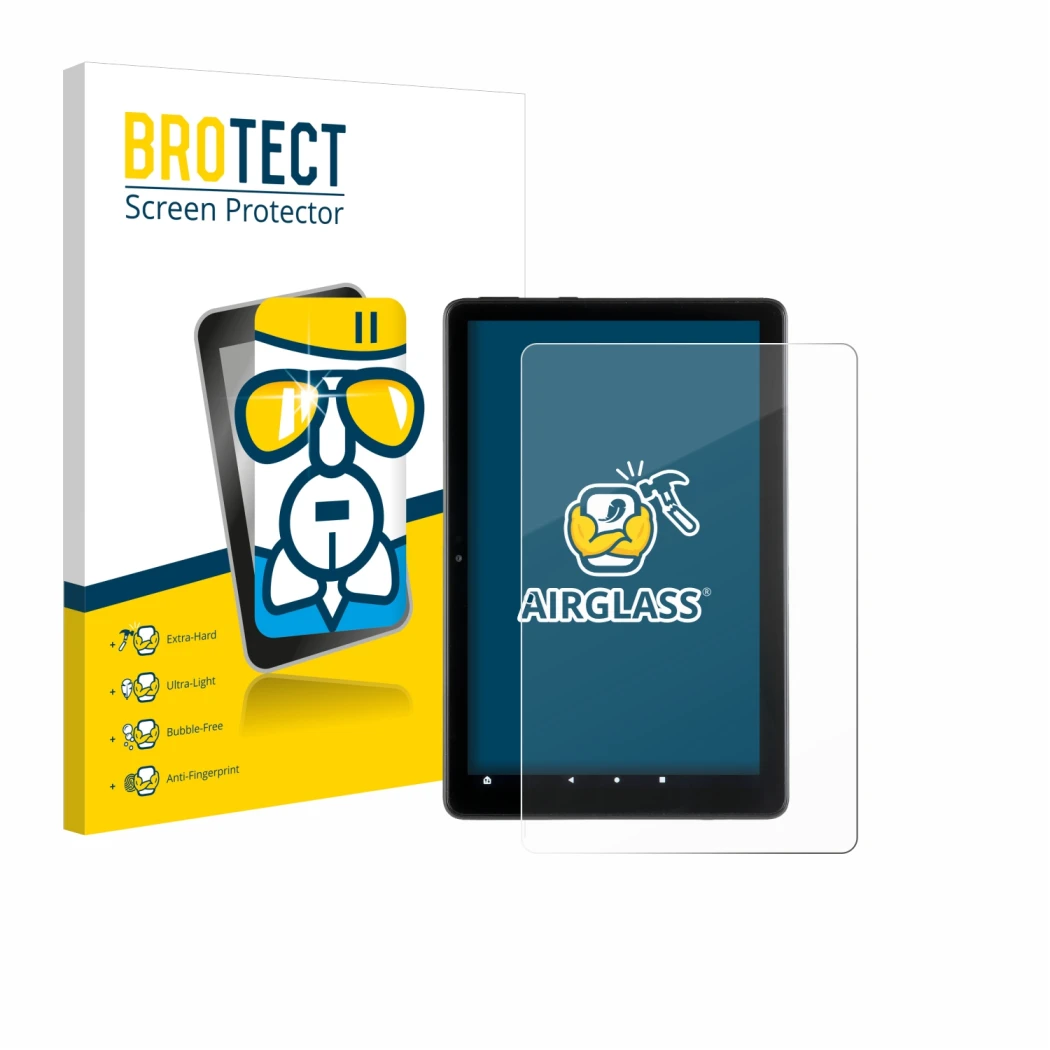 Face avant d’un emballage produit avec le logo de la marque BROTECT. À côté, l’appareil Amazon Fire HD 10 2021 (11ème Gen.) es